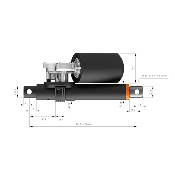 Actuator dimensions, RE35, standard motor, IPX1